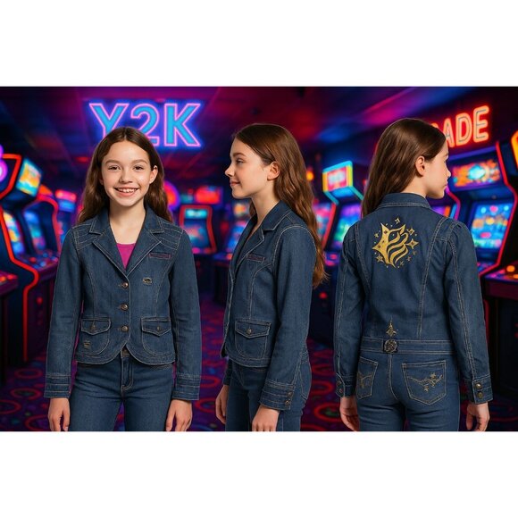 Rocawear Denim Jacket Girl Large 10/12 Medium Wash Magenta Satin Lined Y2K Retro - Picture 5 of 16